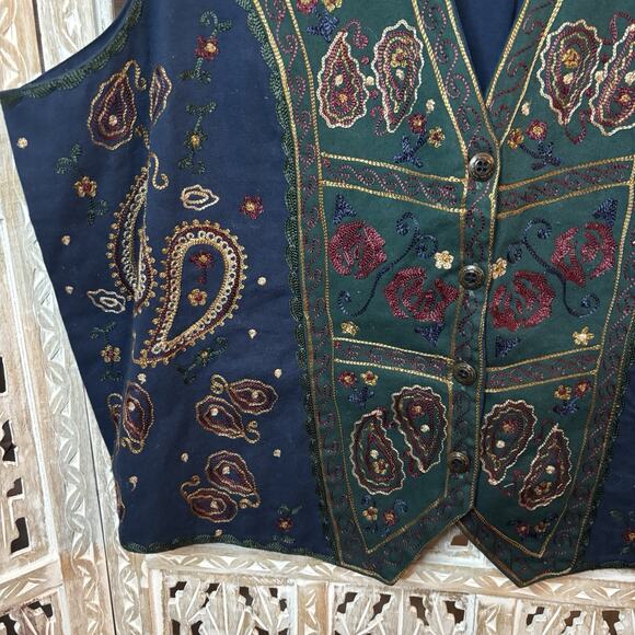 Vintage Solutions Paisley Embroidered Blue & Green Vest SZ 2X 90s Boho Western - Picture 2 of 9